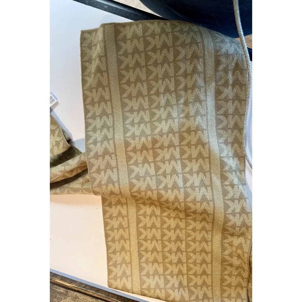 MICHAEL KORS Scarf Women's Camel Knit Monogram MK Signature Logo Long Rectangle